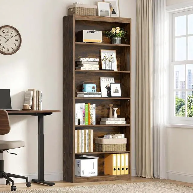 Alt view image 3 of 7 - 6-Tier Open Bookshelf, Modern Wood Bookcase, Rustic Brown | 71" Tall Floor Standing Bookcase, Wood Display Storage Shelf for Home Office Living Room