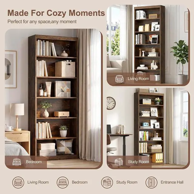 Alt view image 4 of 7 - 6-Tier Open Bookshelf, Modern Wood Bookcase, Rustic Brown | 71" Tall Floor Standing Bookcase, Wood Display Storage Shelf for Home Office Living Room