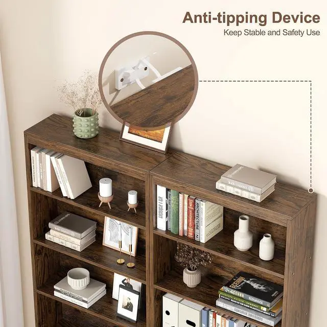 Alt view image 6 of 7 - 6-Tier Open Bookshelf, Modern Wood Bookcase, Rustic Brown | 71" Tall Floor Standing Bookcase, Wood Display Storage Shelf for Home Office Living Room