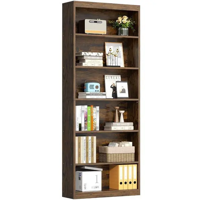 Alt view image 7 of 7 - 6-Tier Open Bookshelf, Modern Wood Bookcase, Rustic Brown | 71" Tall Floor Standing Bookcase, Wood Display Storage Shelf for Home Office Living Room