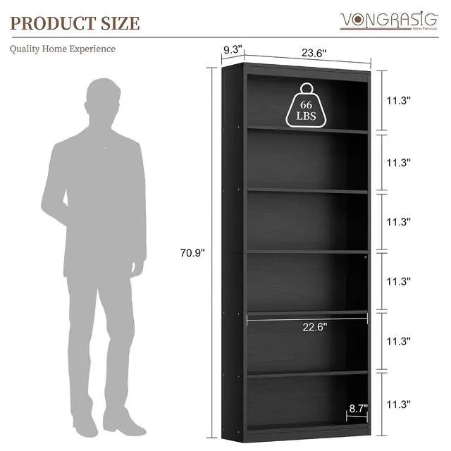 Alt view image 2 of 7 - 6-Tier Open Bookshelf, Modern Wood Bookcase, Black | 71" Tall Floor Standing Bookcase, Wood Display Storage Shelf for Home Office Living Room