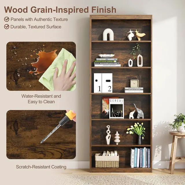 Alt view image 5 of 7 - 6-Tier Open Bookshelf, Modern Wood Bookcase, Rustic Brown | 71" Tall Floor Standing Bookcase, Wood Display Storage Shelf for Home Office Living Room