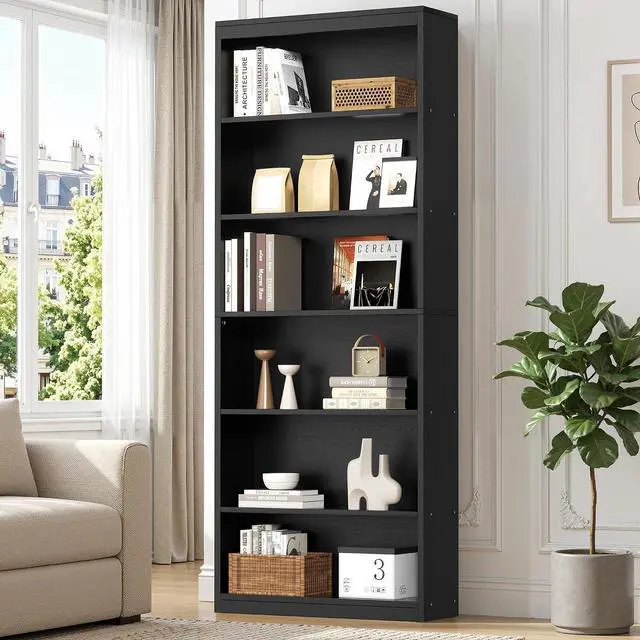 Main image of 6-Tier Open Bookshelf, Modern Wood Bookcase, Black | 71" Tall Floor Standing Bookcase, Wood Display Storage Shelf for Home Office Living Room