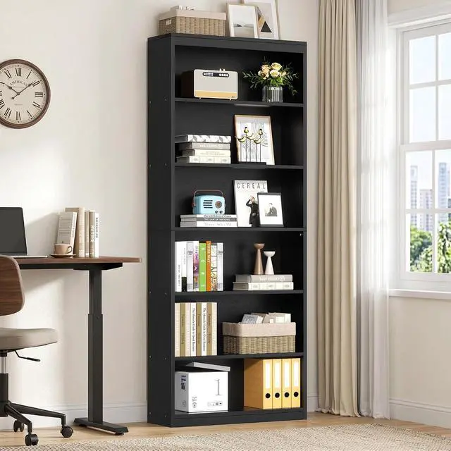 Alt view image 3 of 7 - 6-Tier Open Bookshelf, Modern Wood Bookcase, Black | 71" Tall Floor Standing Bookcase, Wood Display Storage Shelf for Home Office Living Room