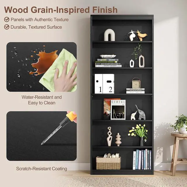 Alt view image 5 of 7 - 6-Tier Open Bookshelf, Modern Wood Bookcase, Black | 71" Tall Floor Standing Bookcase, Wood Display Storage Shelf for Home Office Living Room