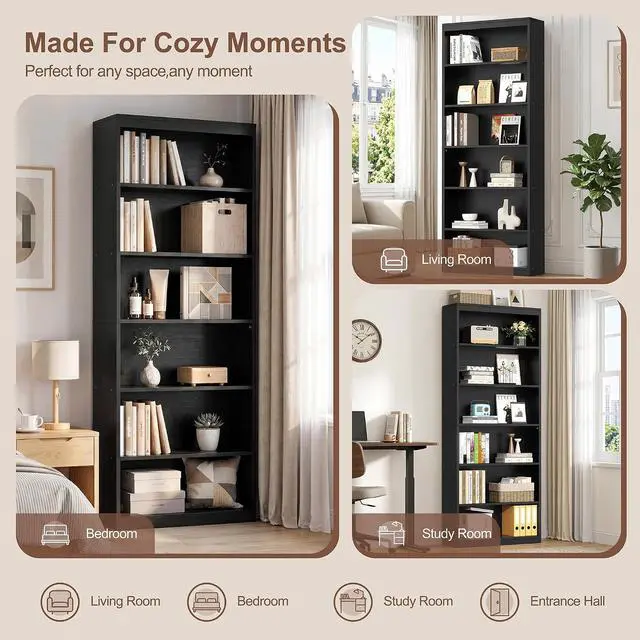 Alt view image 4 of 7 - 6-Tier Open Bookshelf, Modern Wood Bookcase, Black | 71" Tall Floor Standing Bookcase, Wood Display Storage Shelf for Home Office Living Room