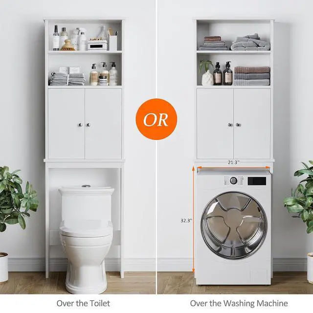 Alt view image 4 of 7 - Over the Toilet Storage Cabinet for Bathroom, Extra Tall Over Toilet Storage, Space Saver W/Adjustable Shelf & Open Storage Shelf, 75in, White