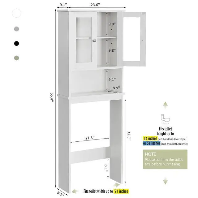 Alt view image 2 of 7 - Over The Toilet Storage Cabinet for Bathroom, Storage Organizer Over Toilet, Space Saver with Tempered Glass Doors, White