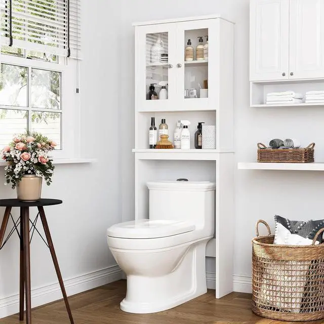 Main image of Over The Toilet Storage Cabinet for Bathroom, Storage Organizer Over Toilet, Space Saver with Tempered Glass Doors, White