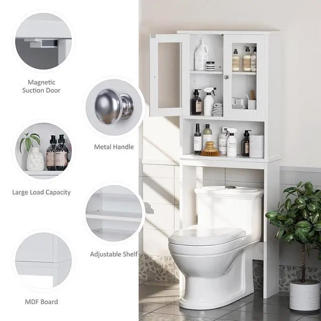 Alt view image 4 of 7 - Over The Toilet Storage Cabinet for Bathroom, Storage Organizer Over Toilet, Space Saver with Tempered Glass Doors, White