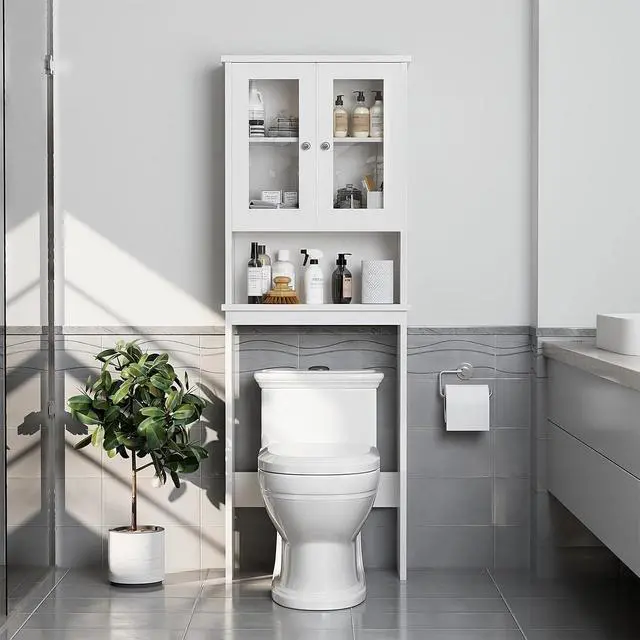 Alt view image 3 of 7 - Over The Toilet Storage Cabinet for Bathroom, Storage Organizer Over Toilet, Space Saver with Tempered Glass Doors, White