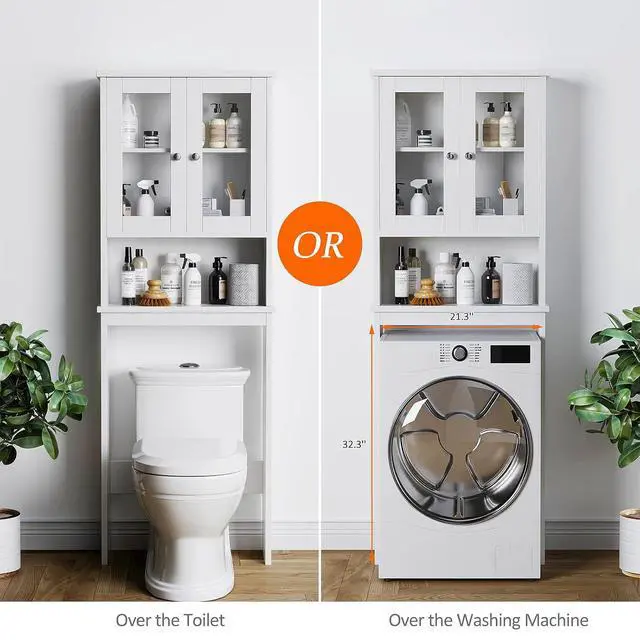 Alt view image 6 of 7 - Over The Toilet Storage Cabinet for Bathroom, Storage Organizer Over Toilet, Space Saver with Tempered Glass Doors, White
