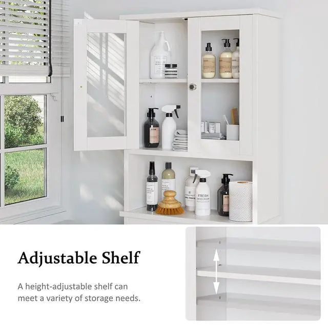 Alt view image 5 of 7 - Over The Toilet Storage Cabinet for Bathroom, Storage Organizer Over Toilet, Space Saver with Tempered Glass Doors, White
