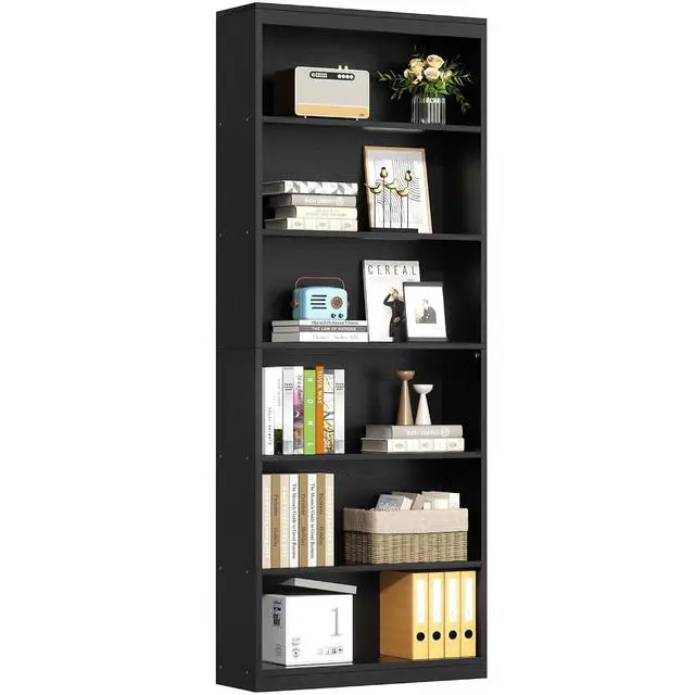 Alt view image 7 of 7 - 6-Tier Open Bookshelf, Modern Wood Bookcase, Black | 71" Tall Floor Standing Bookcase, Wood Display Storage Shelf for Home Office Living Room