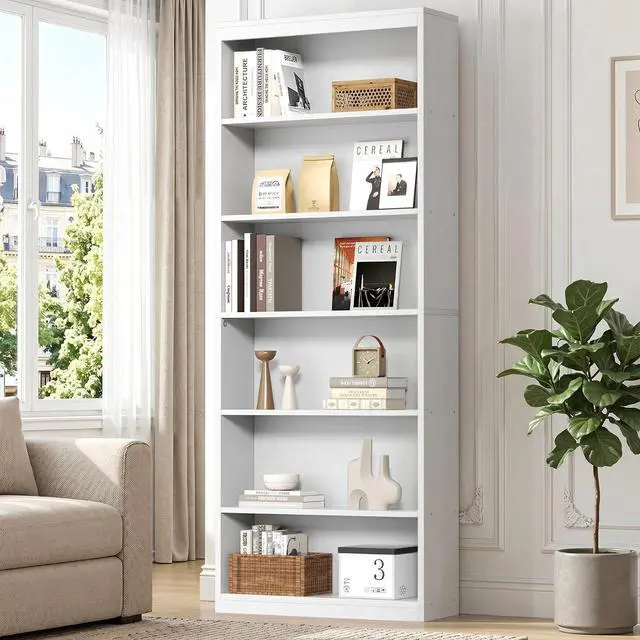 Main image of 6-Tier Open Bookshelf, Modern Wood Bookcase, White | 71" Tall Floor Standing Bookcase, Wood Display Storage Shelf for Home Office Living Room
