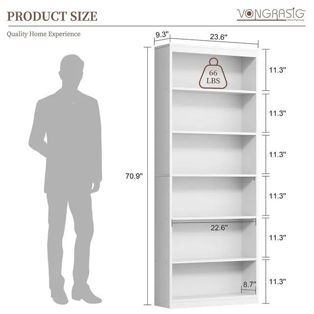 Alt view image 2 of 7 - 6-Tier Open Bookshelf, Modern Wood Bookcase, White | 71" Tall Floor Standing Bookcase, Wood Display Storage Shelf for Home Office Living Room