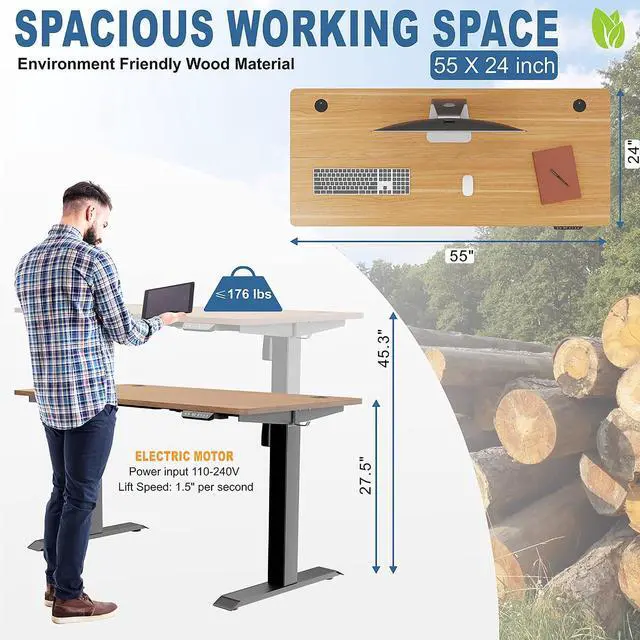 Alt view image 3 of 7 - Height Adjustable Electric Standing Desk, 55 x 24 Inches Home Office Stand Up Table Computer Workstation with Splice Table Board & Memory Controller (Black Frame + Maple Desktop)