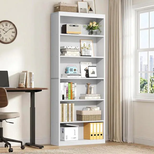 Alt view image 3 of 7 - 6-Tier Open Bookshelf, Modern Wood Bookcase, White | 71" Tall Floor Standing Bookcase, Wood Display Storage Shelf for Home Office Living Room