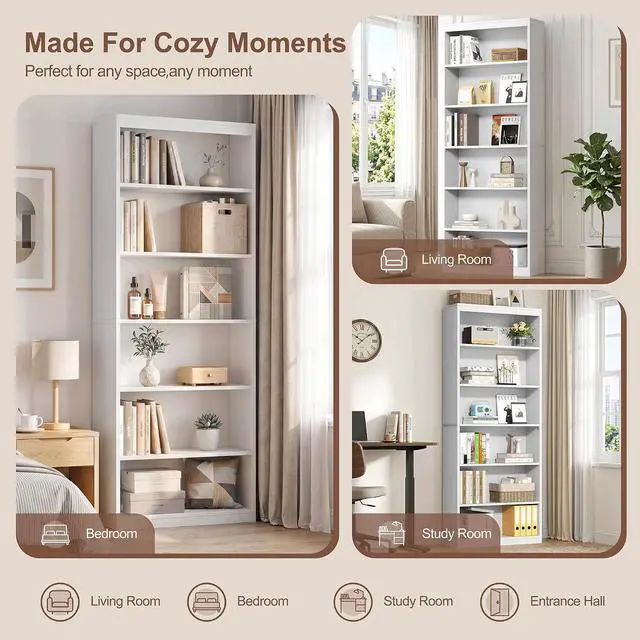 Alt view image 4 of 7 - 6-Tier Open Bookshelf, Modern Wood Bookcase, White | 71" Tall Floor Standing Bookcase, Wood Display Storage Shelf for Home Office Living Room