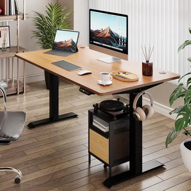 Alt view image 2 of 7 - Electric Height Adjustable Standing Desk, 55 x 24 Inch Sit Stand Desk, Ergonomic Stand Up Home Office Desk Workstation w/Memory Controller, Splice Board & Desk Hooks, Black Frame/Maple Top