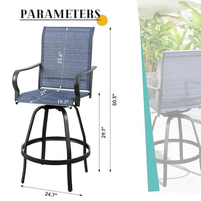 Alt view image 3 of 7 - 6 Piece Patio Swivel Bar Chairs, All Weather Metal Textile High Swivel Bar Stools Chairs, Outdoor High Top Bistro Set for Backyard, Lawn Garden, Balcony, Denim Blue