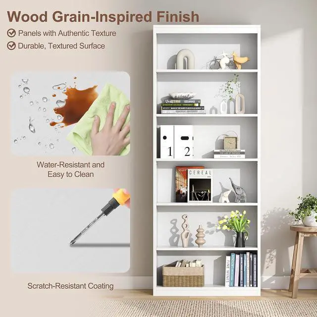Alt view image 5 of 7 - 6-Tier Open Bookshelf, Modern Wood Bookcase, White | 71" Tall Floor Standing Bookcase, Wood Display Storage Shelf for Home Office Living Room