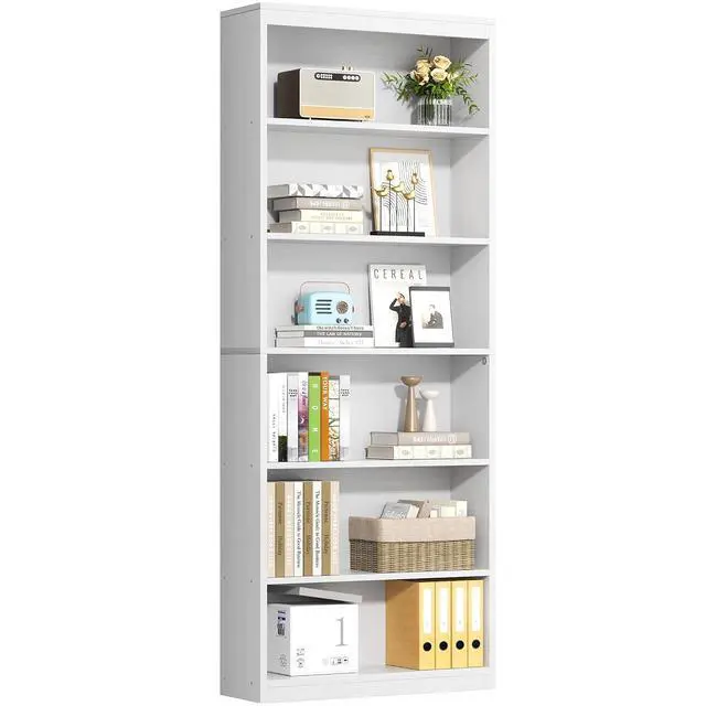 Alt view image 7 of 7 - 6-Tier Open Bookshelf, Modern Wood Bookcase, White | 71" Tall Floor Standing Bookcase, Wood Display Storage Shelf for Home Office Living Room
