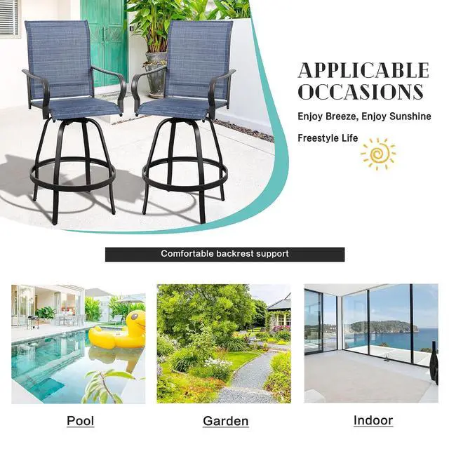 Alt view image 7 of 7 - 2 Piece Patio Swivel Bar Chairs, All Weather Metal Textile High Swivel Bar Stools Chairs, Outdoor High Top Bistro Set for Backyard, Lawn Garden, Balcony, Denim Blue