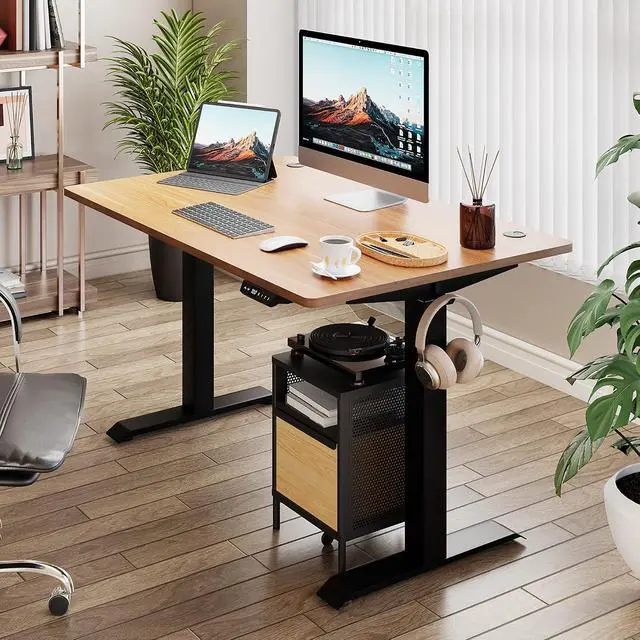 Alt view image 2 of 7 - Height Adjustable Electric Standing Desk, 48 x 24 Inches Sit Stand Desk Home Office Stand Up Desk Computer Workstation w/Splice Table Board & Memory Controller(Black Frame + Maple Desktop)