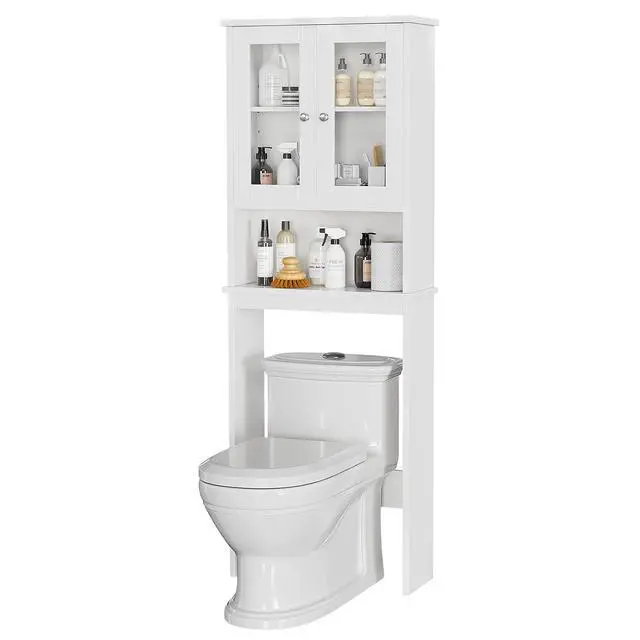 Alt view image 7 of 7 - Over The Toilet Storage Cabinet for Bathroom, Storage Organizer Over Toilet, Space Saver with Tempered Glass Doors, White