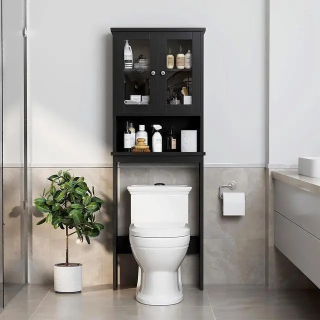 Main image of Over The Toilet Storage Cabinet for Bathroom, Black Storage Organizer Over Toilet, Space Saver with 2 Tempered Glass Doors, Black