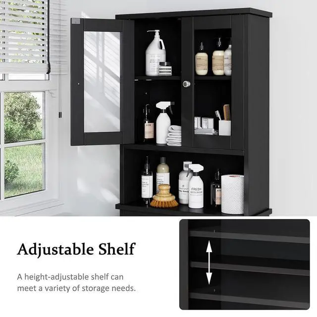 Alt view image 5 of 7 - Over The Toilet Storage Cabinet for Bathroom, Black Storage Organizer Over Toilet, Space Saver with 2 Tempered Glass Doors, Black