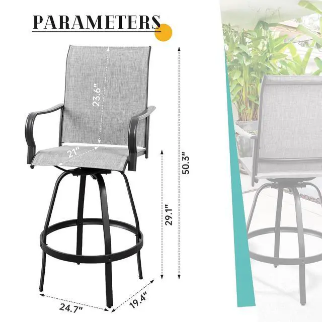 Alt view image 3 of 7 - 2 Piece Patio Swivel Bar Chairs, All Weather Metal Textile High Swivel Bar Stools Chairs, Outdoor High Top Bistro Set for Backyard, Lawn Garden, Balcony, Light Grey