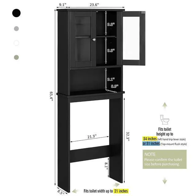 Alt view image 2 of 7 - Over The Toilet Storage Cabinet for Bathroom, Black Storage Organizer Over Toilet, Space Saver with 2 Tempered Glass Doors, Black