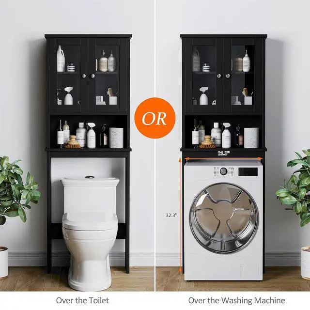 Alt view image 4 of 7 - Over The Toilet Storage Cabinet for Bathroom, Black Storage Organizer Over Toilet, Space Saver with 2 Tempered Glass Doors, Black