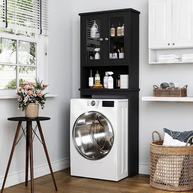 Alt view image 3 of 7 - Over The Toilet Storage Cabinet for Bathroom, Black Storage Organizer Over Toilet, Space Saver with 2 Tempered Glass Doors, Black