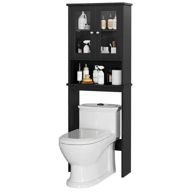 Alt view image 7 of 7 - Over The Toilet Storage Cabinet for Bathroom, Black Storage Organizer Over Toilet, Space Saver with 2 Tempered Glass Doors, Black