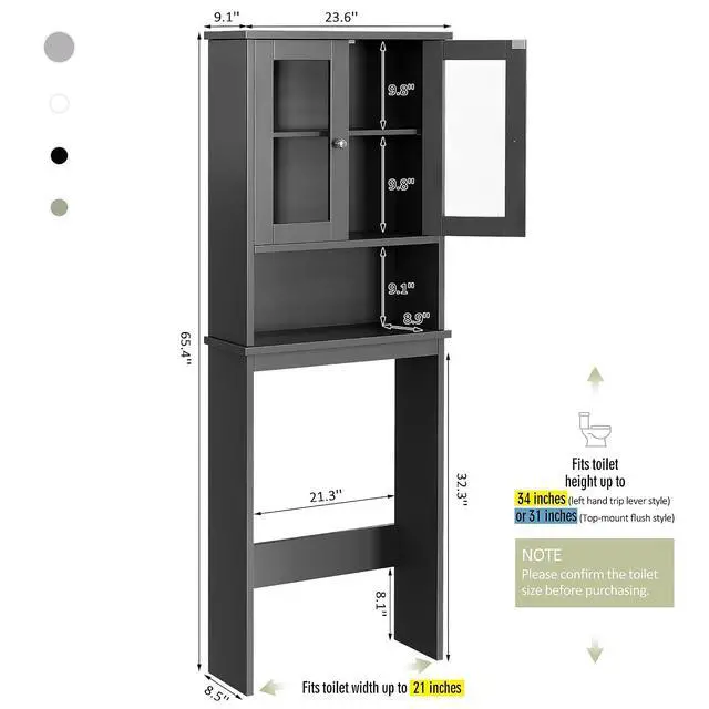 Alt view image 2 of 7 - Over the Toilet Storage Cabinet, Bathroom Storage Cabinet Over Toilet, Space Saver with 2 Tempered Glass Doors, Grey