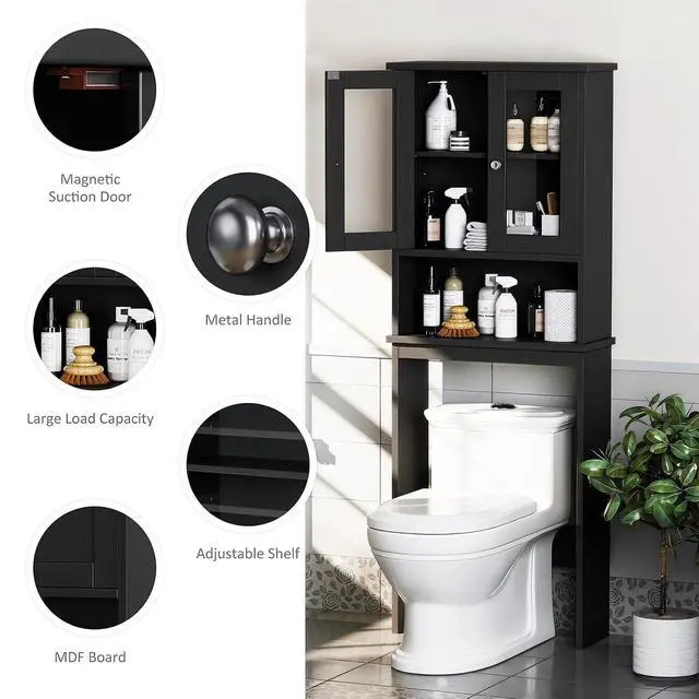 Alt view image 6 of 7 - Over The Toilet Storage Cabinet for Bathroom, Black Storage Organizer Over Toilet, Space Saver with 2 Tempered Glass Doors, Black