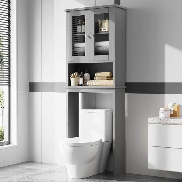 Main image of Over the Toilet Storage Cabinet, Bathroom Storage Cabinet Over Toilet, Space Saver with 2 Tempered Glass Doors, Grey