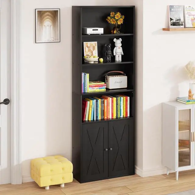 Alt view image 3 of 7 - Farmhouse Bookcase with Doors & Storage, Tall 6-Tier Wood Bookshelf for Home Office Organization, Living Room Display, and Bedroom Storage Alternatives, 71-Inch Standing Shelf, Black