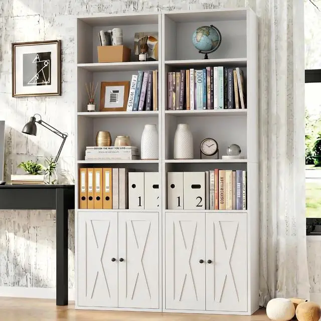 Main image of 6-Tier Open Bookcase and Bookshelf with Doors, Floor Standing Farmhouse Display Storage Shelves 71 Inch Wood Tall Bookcase for Home Office, Living Room, Bed Room, White, 2 Pieces