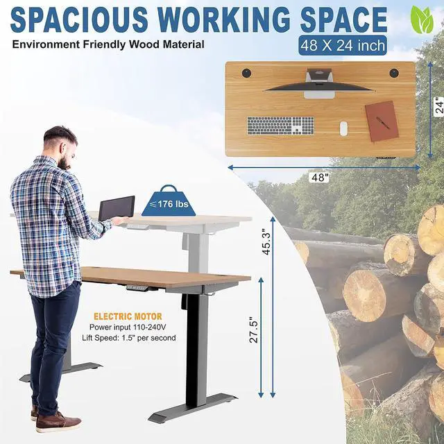 Alt view image 3 of 7 - Height Adjustable Electric Standing Desk, 48 x 24 Inches Home Office Stand Up Table Computer Workstation with Splice Table Board & Memory Controller (Black Frame + Maple Desktop)