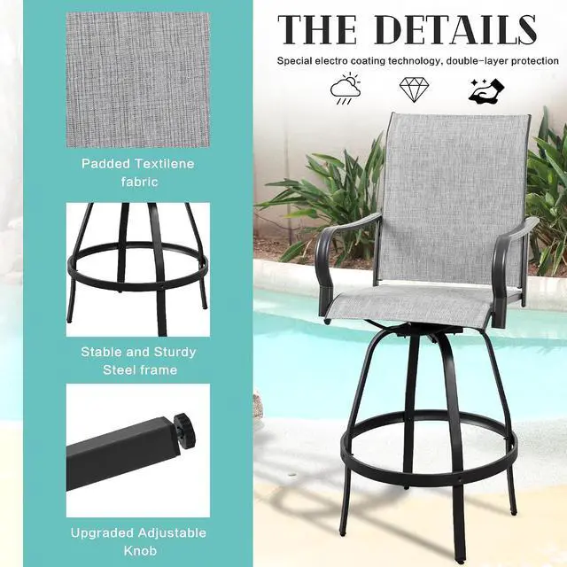 Alt view image 5 of 7 - 2 Piece Patio Swivel Bar Chairs, All Weather Metal Textile High Swivel Bar Stools Chairs, Outdoor High Top Bistro Set for Backyard, Lawn Garden, Balcony, Light Grey