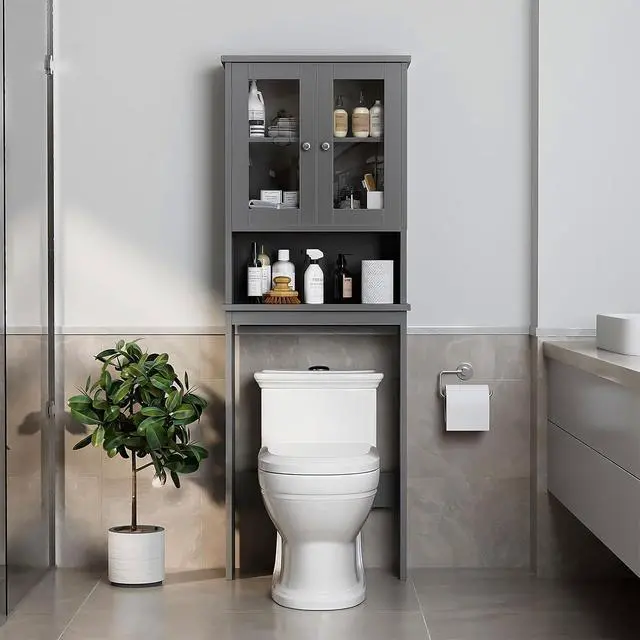 Alt view image 3 of 7 - Over the Toilet Storage Cabinet, Bathroom Storage Cabinet Over Toilet, Space Saver with 2 Tempered Glass Doors, Grey