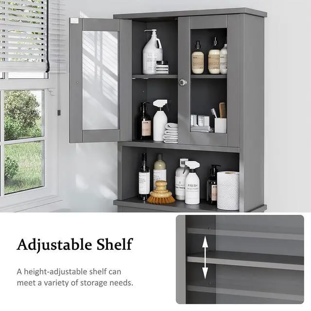 Alt view image 4 of 7 - Over the Toilet Storage Cabinet, Bathroom Storage Cabinet Over Toilet, Space Saver with 2 Tempered Glass Doors, Grey