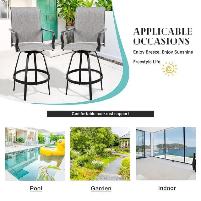 Alt view image 7 of 7 - 2 Piece Patio Swivel Bar Chairs, All Weather Metal Textile High Swivel Bar Stools Chairs, Outdoor High Top Bistro Set for Backyard, Lawn Garden, Balcony, Light Grey