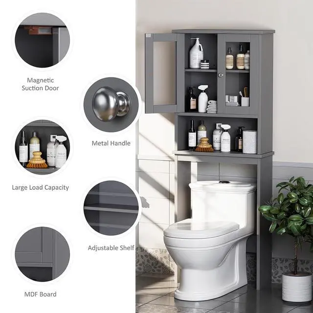 Alt view image 5 of 7 - Over the Toilet Storage Cabinet, Bathroom Storage Cabinet Over Toilet, Space Saver with 2 Tempered Glass Doors, Grey