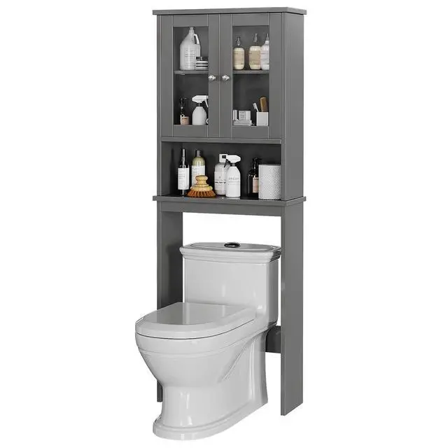 Alt view image 7 of 7 - Over the Toilet Storage Cabinet, Bathroom Storage Cabinet Over Toilet, Space Saver with 2 Tempered Glass Doors, Grey