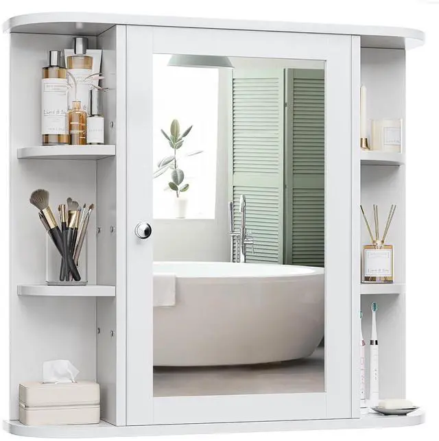 Main image of Bathroom Medicine Cabinet, Bathroom Mirror Cabinet Wall Mounted with 6 Side Open Shelves, White Wall Cabinet with Mirror, White